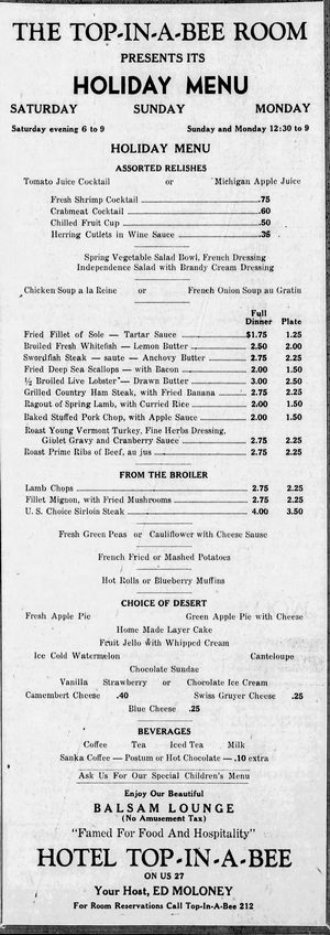 Hotel Top-In-A-Bee - Jul 2 1948 4Th Of July Menu (newer photo)